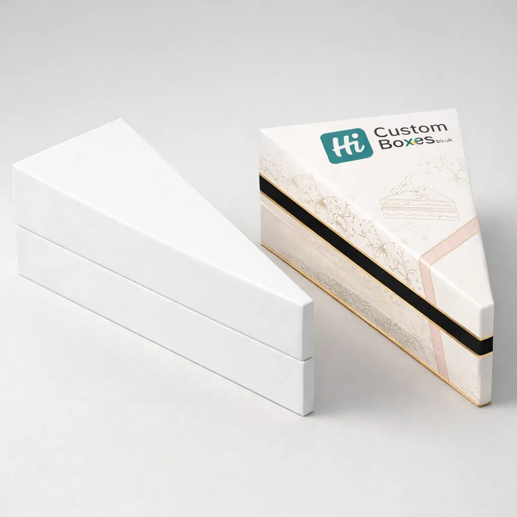 Triangular-shaped wedding cake slice boxes in plain white and bespoke floral print with elegant black and gold accents. class=